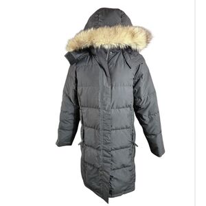 L.L. Bean Black Hooded Puffer Coat with Faux Fur Trim